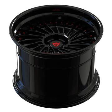 Custom forged 2-piece deep dish wheels in black with stepped lip design, ideal for Corvette and performance vehicles.